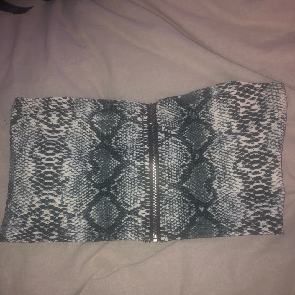 snake print zip up tube top